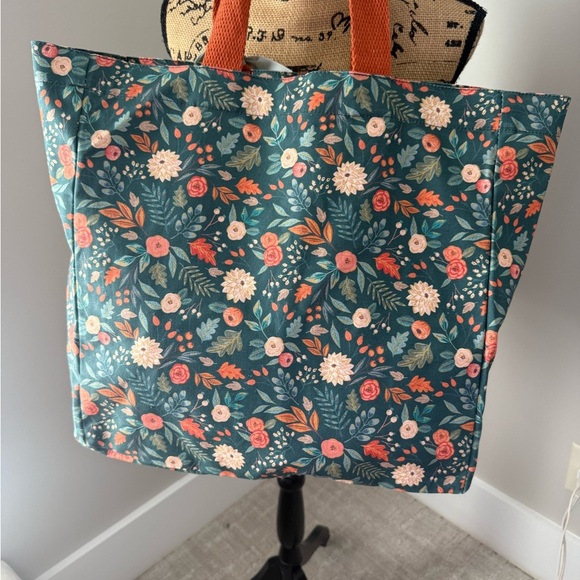 Floral Tote Bag with Orange Handles - Picture 4 of 4